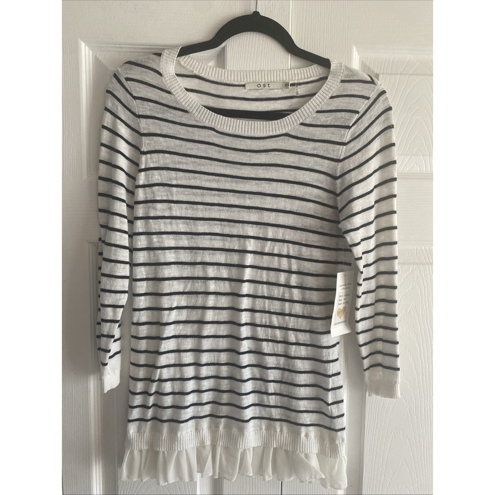 Beatrix‎ Ost Striped Ruffle Hem Sweater Womens Size XS White Black Cotton Preppy